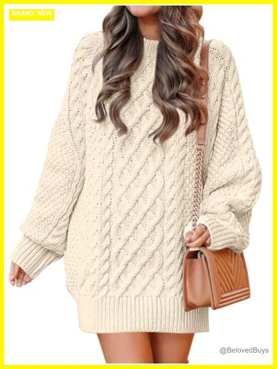 Dresses & Skirts - Oversized Cable Knit Sweater Dress Long Sleeve Crewneck Mini Tunic